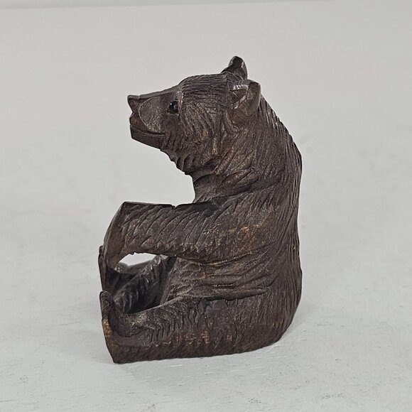 Black Forest Swiss Bear Cub Sitting Paw Up Hand Carved Wood 2" - Picture 2 of 7